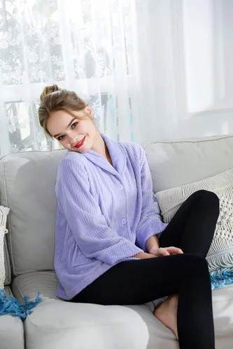 Vista 8 de Chaqueta de cama para mujer, color morado claro, con aguja, forro polar, con botones