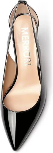 Vista 3 de MERRORI Zapatos de tacón alto grueso para mujer, tacón puntiagudo recortado, zapatos de patente de bloque de 3.3 pulgadas