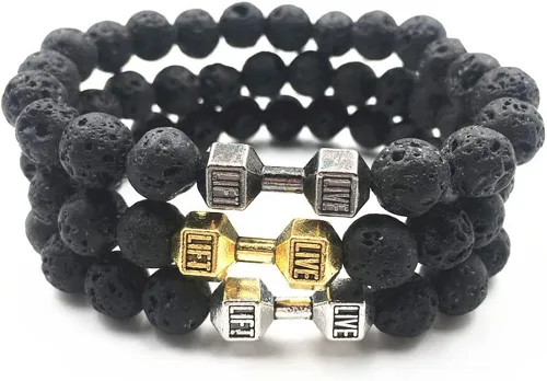 Vista 4 de rgwtgkyh Traintough - Pulsera de mancuernas para hombre, pulsera de cuentas de ansiedad de roca volcánica, ajustable, fitness, yoga, joyería