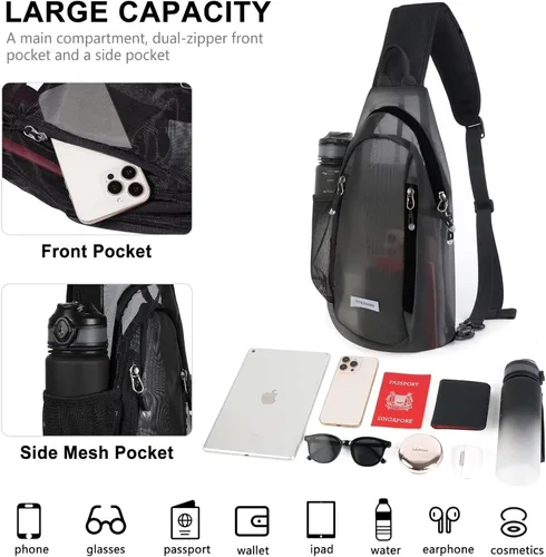 Vista 3 de TITECOUGO Clear Sling Bag, Switchable Right or Left Strap, Transparent Mesh – Stadium Approved (Check Venue Policy)