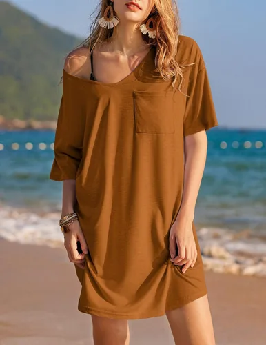 Vista 4 de Ekouaer Camisón de algodón con cuello en V para mujer, cómodo y casual para mujer