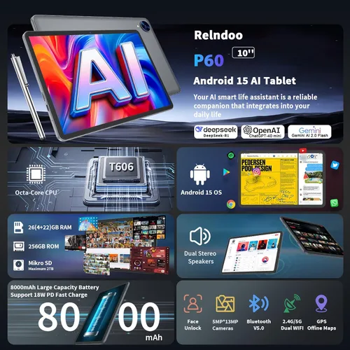 Vista 4 de Tablet de 10 pulgadas, tableta Android 15 2026 con teclado, 26 GB+256 GB+2 TB expandir, tabletas PC con Gemini AI, Octa-Core, 8000 mAh, WiFi 5G