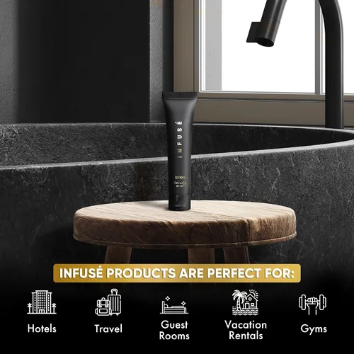 Vista 3 de Infuse Black Hotel Toiletries Bulk Acondicionador de 1 oz Tamaño de viaje Para hoteles, alquileres de vacaciones, gimnasio, lujo, aeropuerto