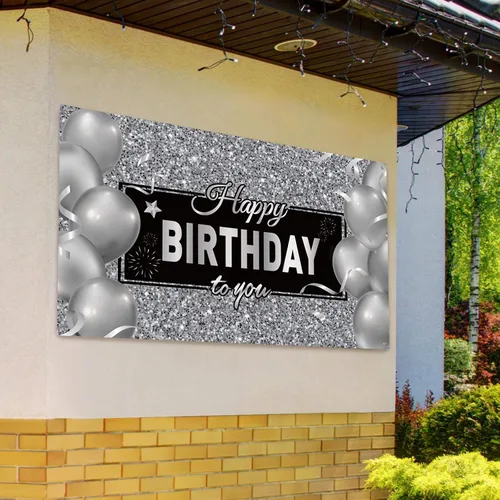 Vista 6 de Sumind Cartel de feliz cumpleaños negro y plateado para decoración de fiesta de cumpleaños para hombres y mujeres, suministros de decoración