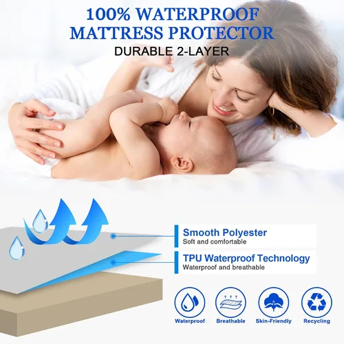 Vista 6 de Protector de colchón impermeable, suave y transpirable, lavable a máquina, sin ruido, con bolsillo profundo de 10 pulgadas, tamaño individual Borgoña