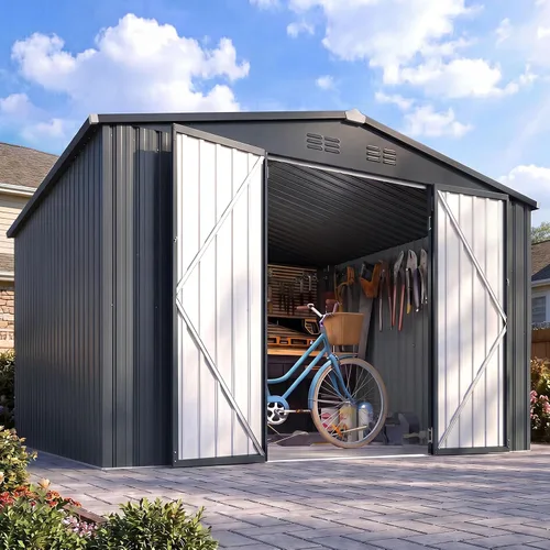 Vista 22 de AECOJOY Cobertizo de almacenamiento de metal para exteriores de 3 x 5 pies, cobertizo de herramientas de jardín resistente con puerta de gran
