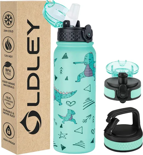 Vista 39 de Botella de agua aislada Oldley de 12 oz con pajita, botella de agua de acero inoxidable con 2 tapas, botellas de doble pared con vacío para adultos