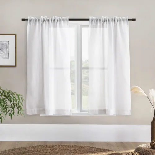 Vista 23 de Cortinas rústicas para ventana de cocina, cortinas de lino transparentes con bolsillo para barra para ventanas cortas, juego de 2 paneles, 42