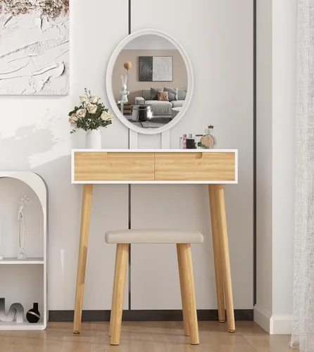 Vista 9 de Juego de mesa de maquillaje YOURLITE con espejo iluminado ajustable de 3 modos, taburete acolchado, mueble tocador para espacios pequeños Juego