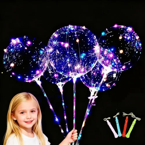 Vista 2 de Globos Bobo con luz LED con palos, 10 paquetes de asas intermitentes, globos de burbujas de 20 pulgadas, palos de 27.7 pulgadas, decoración