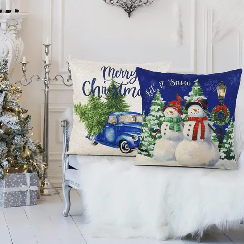 Vista 3 de Coliuso Fundas de Almohadas Decorativas Azules de Navidad 16x16 Juego de 4 Serie Navideña Fundas de Cojines Navideños Decoraciones de Navidad
