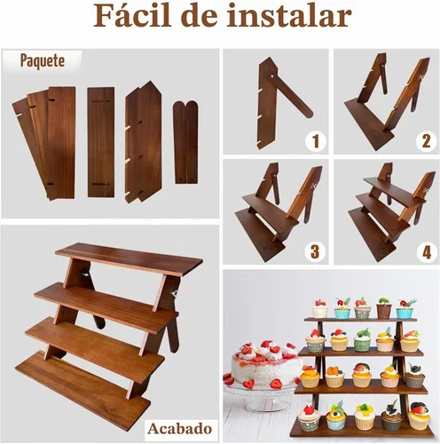 Vista 5 de Soporte de madera de acacia para cupcakes de 4 niveles de madera rústica para cupcakes para bodas, fiestas y postres