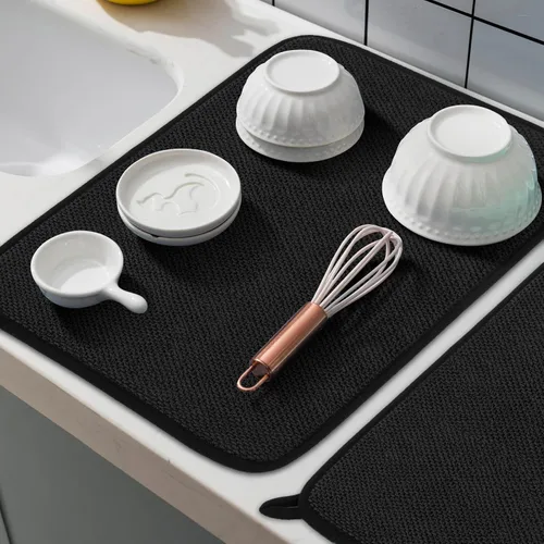 Vista 6 de Tapete de microfibra para secar platos, almohadilla de secado de platos de cocina súper absorbente, reversible para encimera, 15 x 20 pulgadas, Negro