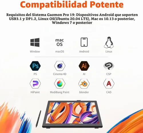Vista 8 de GAOMON Tableta de dibujo Pro 19 con pantalla, 18.4" 4K UHD, presión de lápiz 16384
