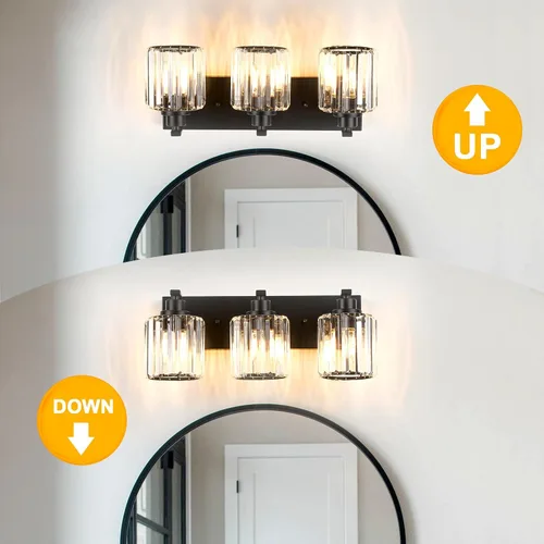 Vista 4 de 3 luces de cristal para tocador de baño, moderna lámpara de baño negra sobre espejo, luces de tocador para dormitorio, baño, pasillo, base E26