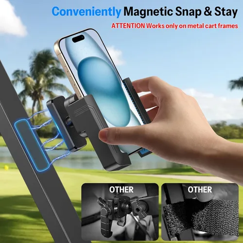 Vista 2 de OMOTON Soporte de teléfono para carrito de golf, soporte magnético para teléfono con bloqueo de seguridad y ajustable en 360°, organizador
