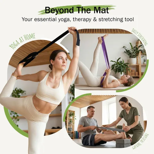 Vista 7 de Correa de yoga Slim Panda para estiramiento, Correa de yoga de algodón con hebilla ajustable en forma de D, Correa de yoga no elástica para pilates