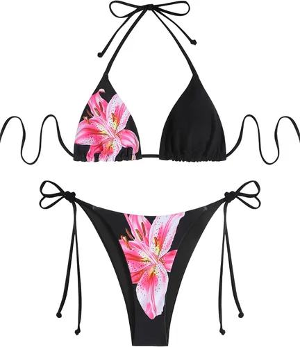 Vista 32 de ZAFUL Bikinis triangulares estampados para mujer, 2 piezas, bikini halter, traje de baño de corte alto, traje de baño con lazo lateral 0-negro a