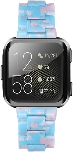 Vista 4 de Pulsera de resina compatible con Fitbit Versa 2/Versa Lite/Versa Band para mujer, correa de pulsera de repuesto de metal con hebilla de acero Azul