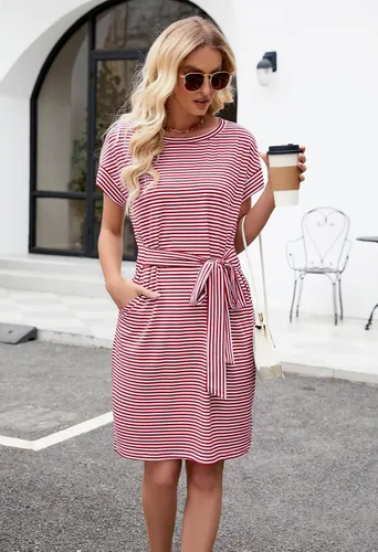 Vista 6 de MEROKEETY - Vestido de verano con manga corta, a rayas, casual, estilo camiseta, con lazo en la cintura y bolsillos, para mujer