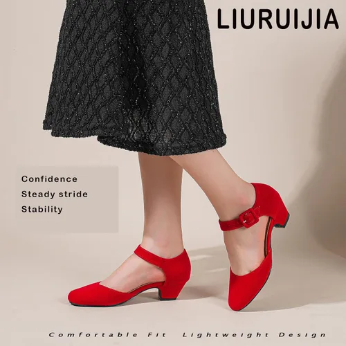 Vista 6 de LIURUIJIA Zapatos de vestir con correa de tobillo y tacón bajo y grueso para mujer, para el trabajo, boda, fiesta, baile
