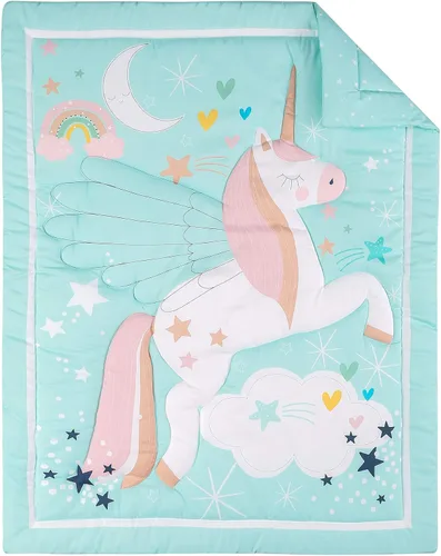 Vista 2 de Juego de ropa de cama de cuna de unicornio azul de 4 piezas, falda de edredón, sábana ajustable, cenefa, cuna, juego de ropa de cama