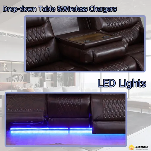 Vista 11 de Juego de sofá reclinable eléctrico, seccional de cuero transpirable beige, juego de muebles de sala de estar, 2 piezas, sofá reclinable eléctrico