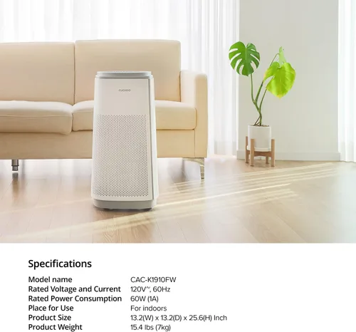 Vista 8 de CUCKOO Purificador de aire True HEPA para habitaciones grandes de hasta 2,256 pies cuadrados, filtro avanzado de 5 etapas con luz UV-C y carbón