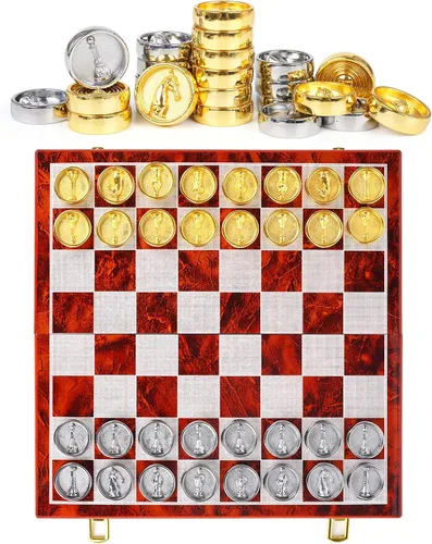 Vista 9 de Juego de ajedrez y damas de metal 2 en 1 para adultos y niños - Juegos de ajedrez de viaje de lujo de madera plegable con almacenamiento - Juego