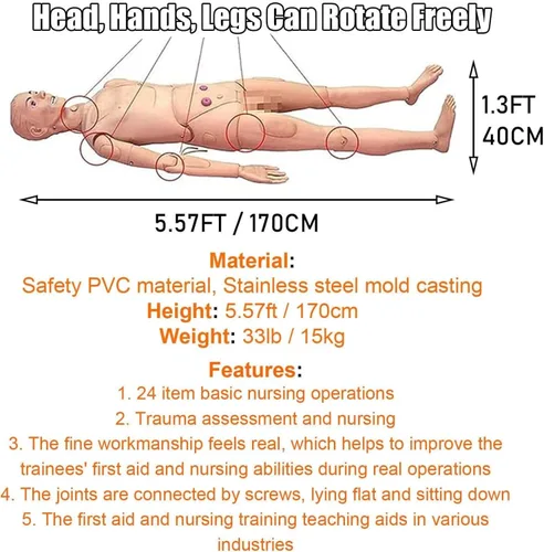 Vista 2 de Maniquí médico para entrenamiento, cuidado del paciente, maniquí médico de 5.57 pies, tamaño natural, maniquí de entrenamiento de enfermería