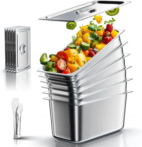 Vista 21 de WantJoin Recipientes Gastronómicos con Tapa 1/1 Tamaño Completo 4 Pulgadas de Profundidad Paquete de 3, Juegos de Bandejas de Metal de Acero