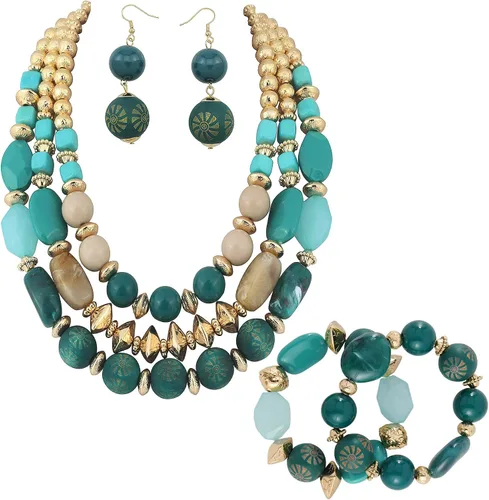 Vista 10 de Bocar Juego de Collar, Aretes y Pulsera de 3 Capas con Cuentas Gruesas, Conjunto de Joyería de Collar de Mujer de Múltiples Capas de Moda Amarillo