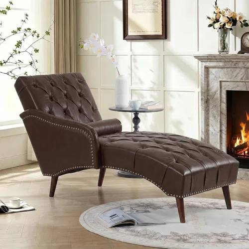 Vista 13 de Tumbona de piel sintética para interiores con almohada, moderna tumbona, sillas ergonómicas tapizadas de poliuretano sin brazos con botones