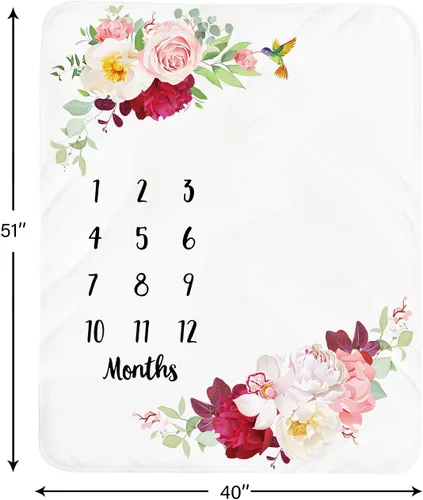 Vista 4 de Manta de hito mensual para bebé niña, manta floral para el mes del recién nacido, regalo personalizado para ducha, forro polar de felpa suave