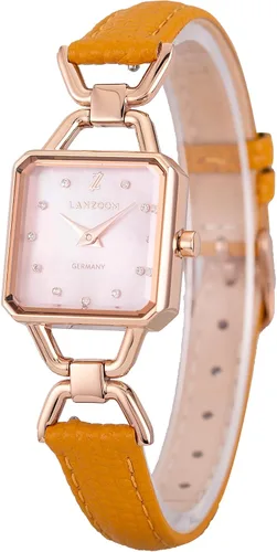 Vista 6 de LANZOOM Reloj de cuarzo para mujer, elegante esfera cuadrada de gradación de cristal nacarado, correa de cuero ajustable marrón y amarillo