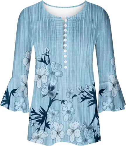 Vista 33 de Ceboyel Blusa tipo túnica con estampado floral para mujer, con botones, estilo Henley, con manga de codo, casual, trajes de moda para mujer