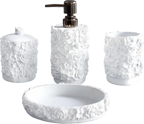 Vista 8 de Hymmah Juego de accesorios de baño negro, juego de baño de diseño único, juego de regalo de resina de 5 piezas, necesidades de apartamento, contiene