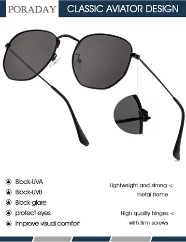Vista 4 de PORADAY Lentes de sol polarizados hexagonales para mujeres y hombres, vintage, cuadrados, de metal, lentes de sol geométricos