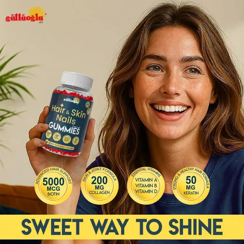 Vista 6 de SINCE 1871 GÜLLÜOGLU Gomitas para cabello, piel y uñas, biotina 5000 mcg, colágeno 200 mg y queratina 50 mg - con MSM, bambú y vitaminas A, C, D, E
