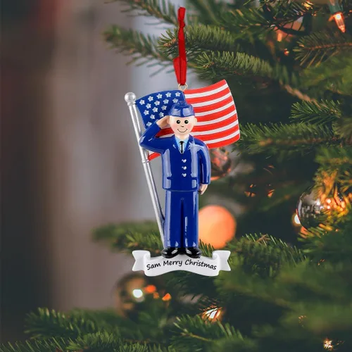 Vista 2 de MAXORA Adorno de Navidad militar de soldado personalizado con bandera estadounidense, soldado de la fuerza aérea, adornos patrióticos para veteranos