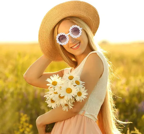 Vista 4 de Yolev 1 par de lentes de sol de margaritas redondas, marco de plástico, protección UV para mujeres, accesorios de playa de verano, Blanco
