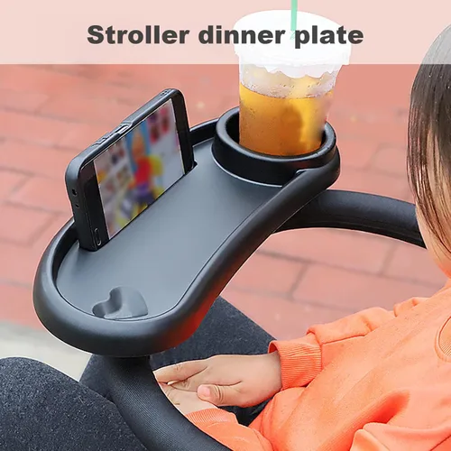 Vista 5 de 1 bandeja de aperitivos para cochecito de bebé con soporte para tazas y soporte para teléfono, bandeja universal para refrigerios, bandeja extraíble