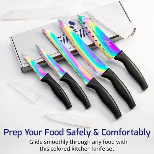 Vista 2 de SiliSlick Rainbow - Juego de cuchillos de cocina afilados de acero inoxidable con revestimiento de titanio, chef, pan, Santoku, pelar y utilidad