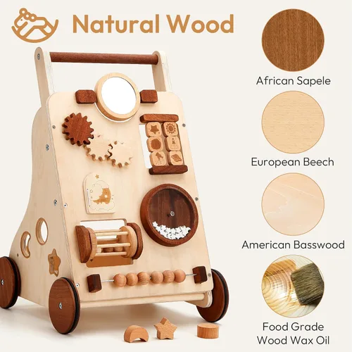 Vista 6 de Andador de madera Woodtoe para bebé, andador de empuje de velocidad ajustable, andador Montessori para niños y niñas, centro de actividades