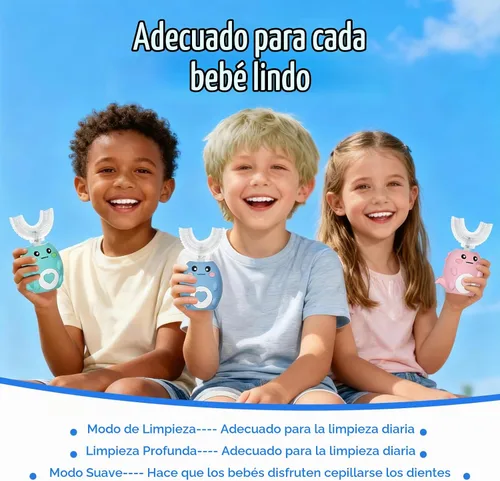 Vista 3 de Cepillo de dientes eléctrico en forma de U para niños, con 3 modos de limpieza, con 4 cabezales de cepillo, cepillo de dientes automático sónico