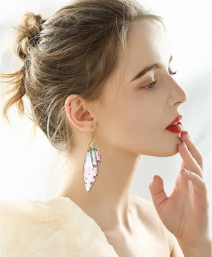 Vista 3 de BELLA-Bee - Aretes colgantes de alas de mariposa chapados en oro con cristal y diamantes de imitación, joyería para mujeres y niñas, joyería