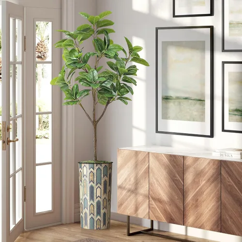 Vista 15 de Árbol artificial en macetero moderno con patrón poligonal, palmera tropical areca artificial de seda para decoración del hogar en interiores
