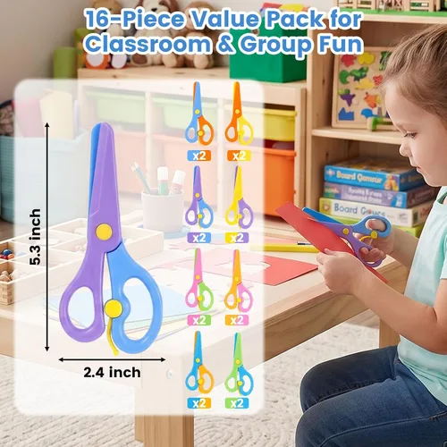 Vista 2 de LovesTown Tijeras de seguridad para niños, 16 tijeras de punta roma para entrenamiento preescolar, diseño antipellizcos, desarrollo de coordinación