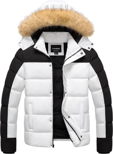 Vista 9 de Chaqueta acolchada para hombre, abrigo de invierno con capucha de piel, impermeable y resistente al viento, forro polar, 4 bolsillos