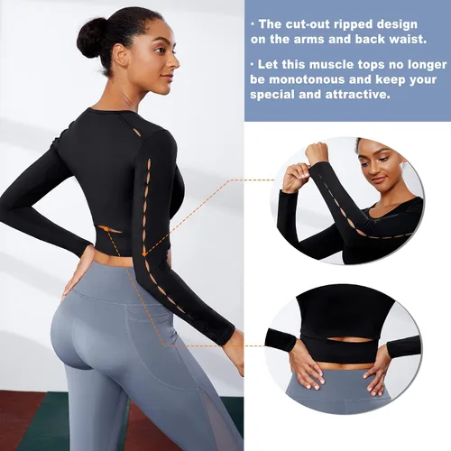 Vista 4 de TrainingGirl Camisetas cortas de entrenamiento para mujer, manga larga, espalda abierta, camisetas de yoga, ajustadas, para gimnasio, atléticas
